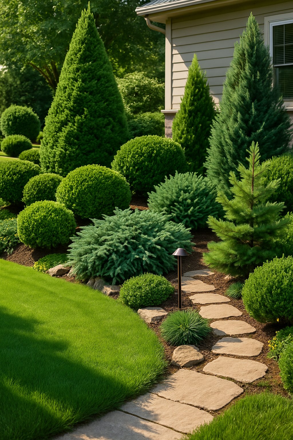 A front yard landscaped with various evergreen plants, including pine trees and shrubs, surrounding a green lawn with stone pathways.