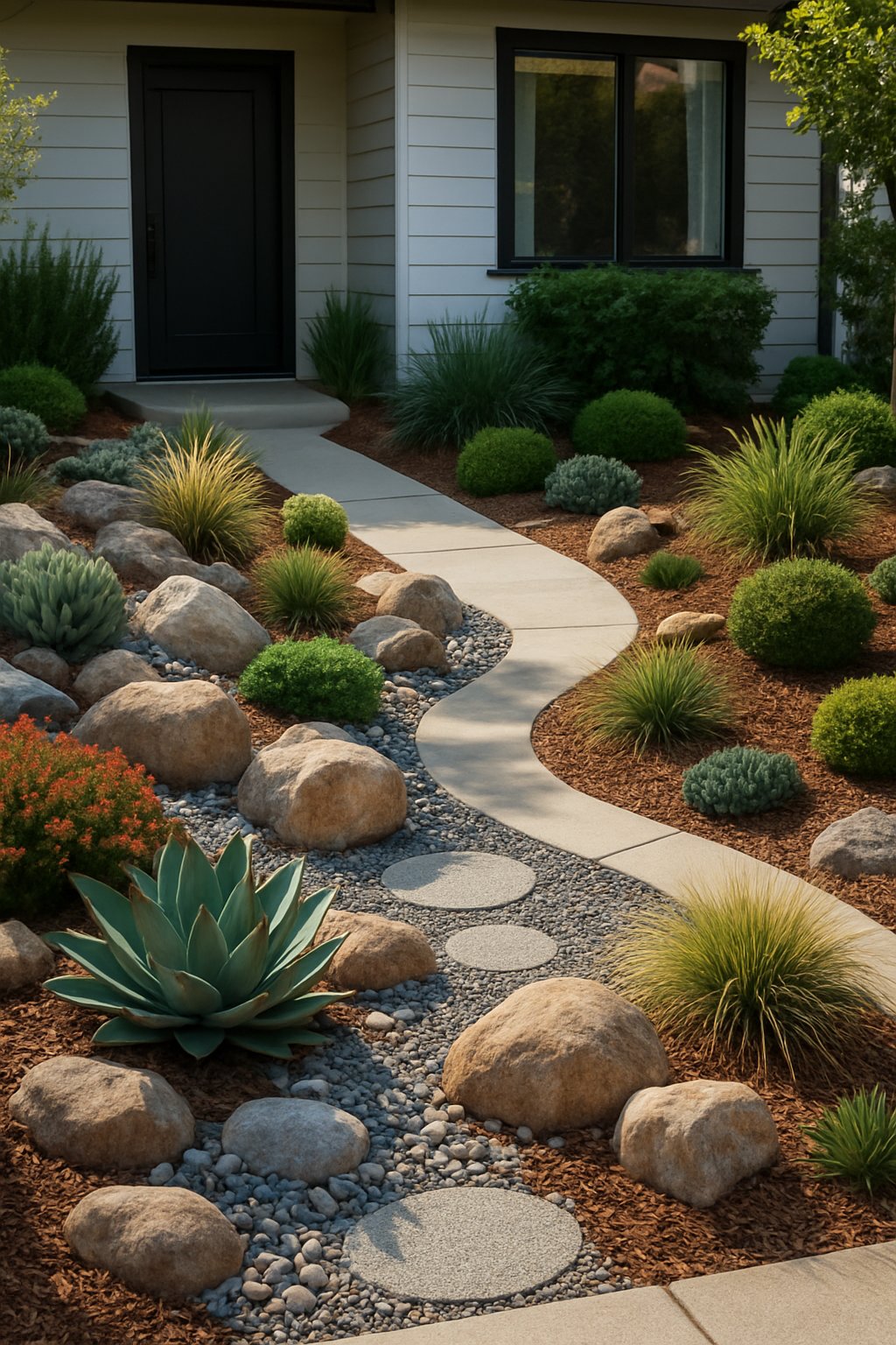 A front yard rock garden with various sized rocks, drought-tolerant plants, gravel pathways, and a modern house in the background.