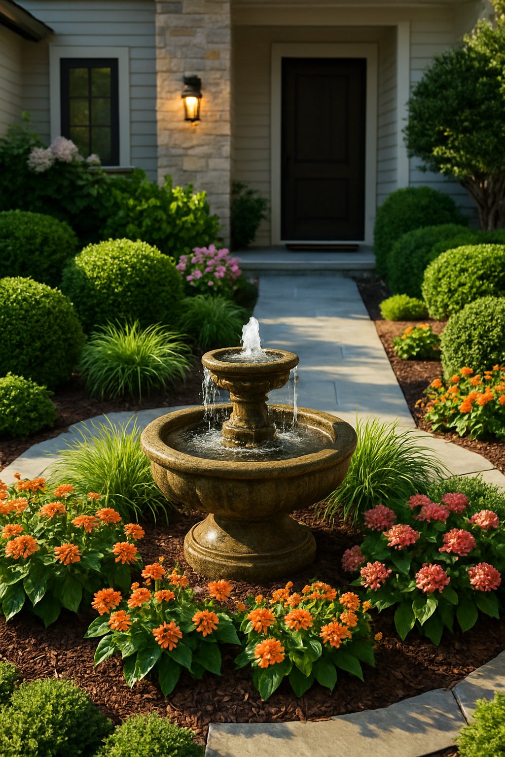 A front yard with a small stone water fountain surrounded by green plants, colorful flowers, and a stone pathway leading to the house.