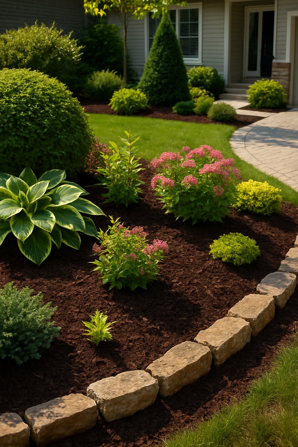 A front yard with garden beds covered in dark mulch, surrounded by healthy green plants and colorful flowers, next to a neatly trimmed lawn and a walkway leading to a modern house.