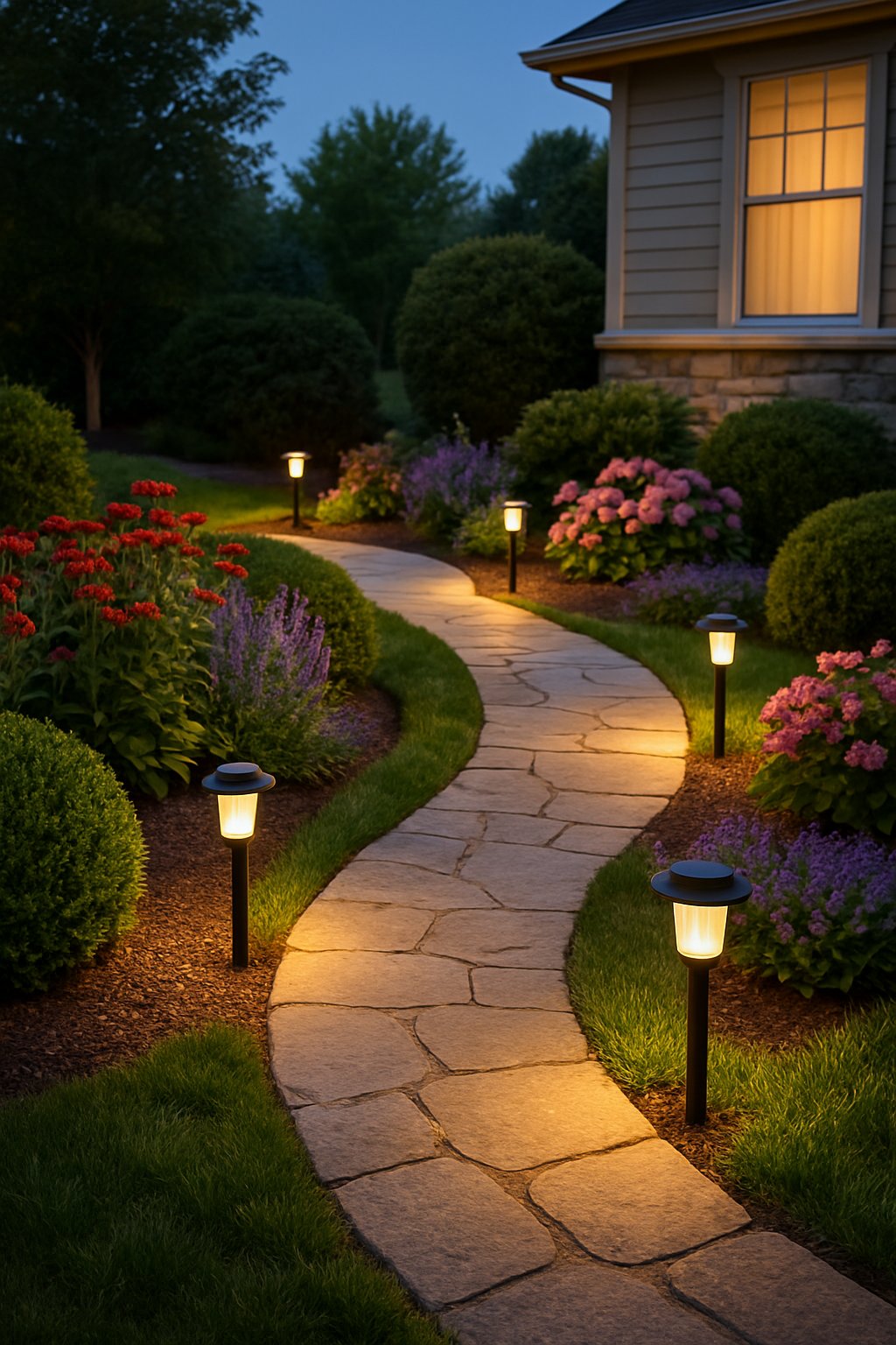 A front yard with a winding garden path bordered by green grass, colorful flowers, shrubs, and solar garden lights glowing softly along the path.