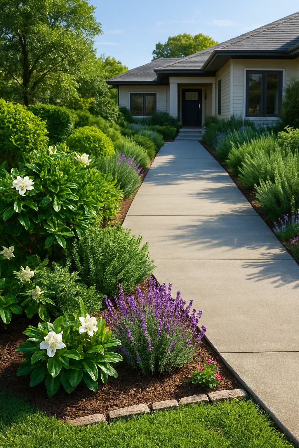 A driveway lined on both sides with fragrant shrubs leading to a modern house, surrounded by a well-maintained front yard with green grass and flowering plants.