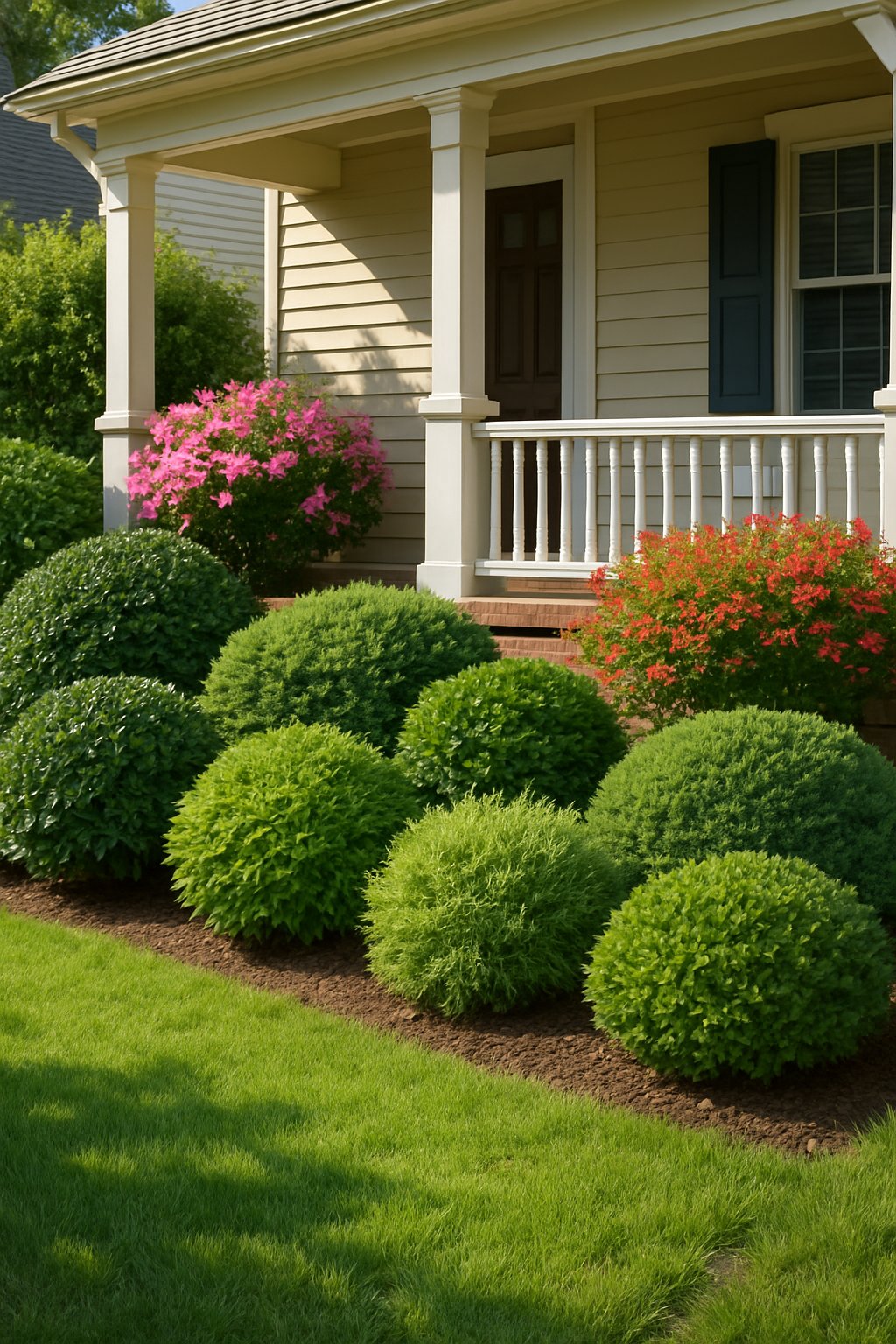 A front yard with a porch surrounded by neatly planted foundation shrubs and flowering plants, with green grass and natural sunlight.
