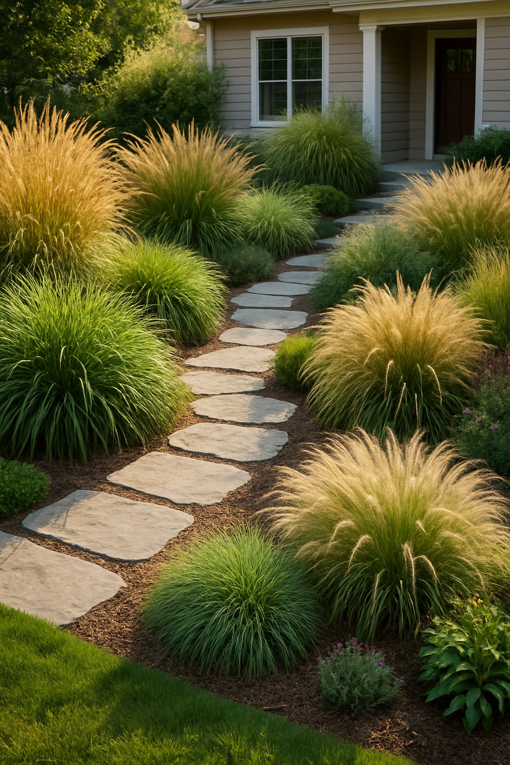 A front yard landscaped with various ornamental grasses, stone pathways, green lawn, and flowering plants.