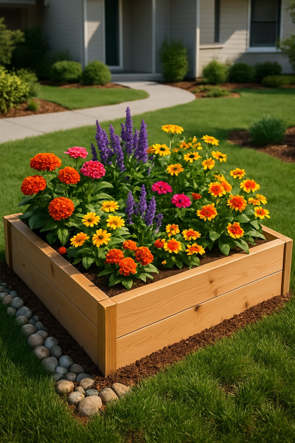 A raised wooden garden bed in a front yard filled with colorful seasonal flowers, surrounded by green grass and landscaping elements, with a house and walkway in the background.