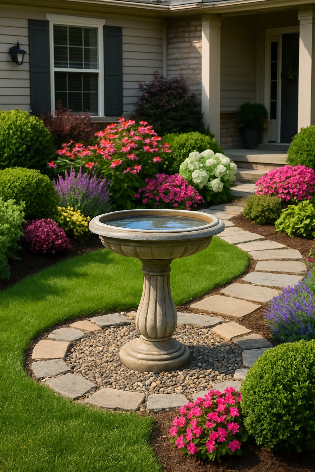 A front yard with a stone birdbath surrounded by green grass, colorful flowers, and shrubs, with a stone pathway leading to it and a house in the background.
