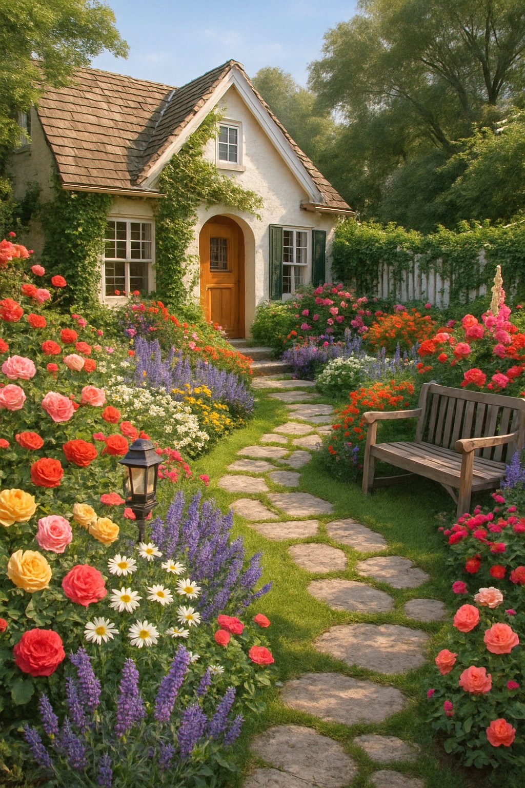 A front yard garden with green grass, stone paths, a white picket fence, and a variety of colorful flowers in bloom.