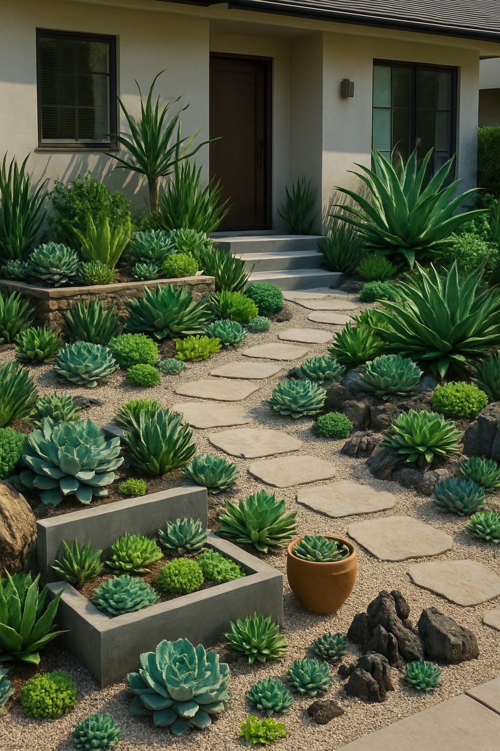 A front yard landscaped with a variety of drought-resistant succulents, stone pathways, and decorative gravel in front of a modern house.