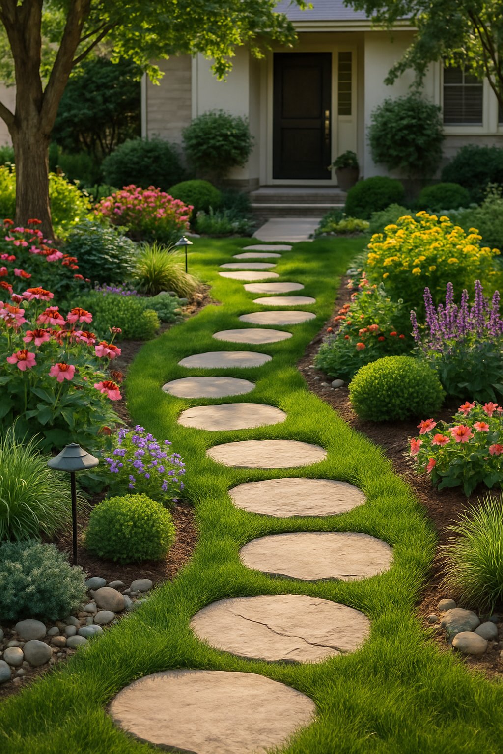 A front yard with a winding stepping stone path surrounded by green grass, colorful flowers, shrubs, and a modern house entrance in the background.