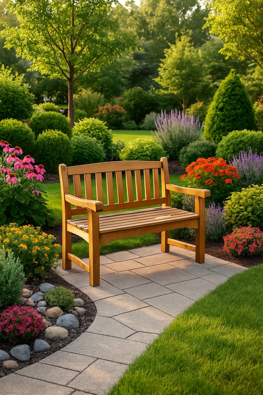 A front yard with a small wooden bench on a stone pathway surrounded by green grass, colorful flowers, and trimmed shrubs.