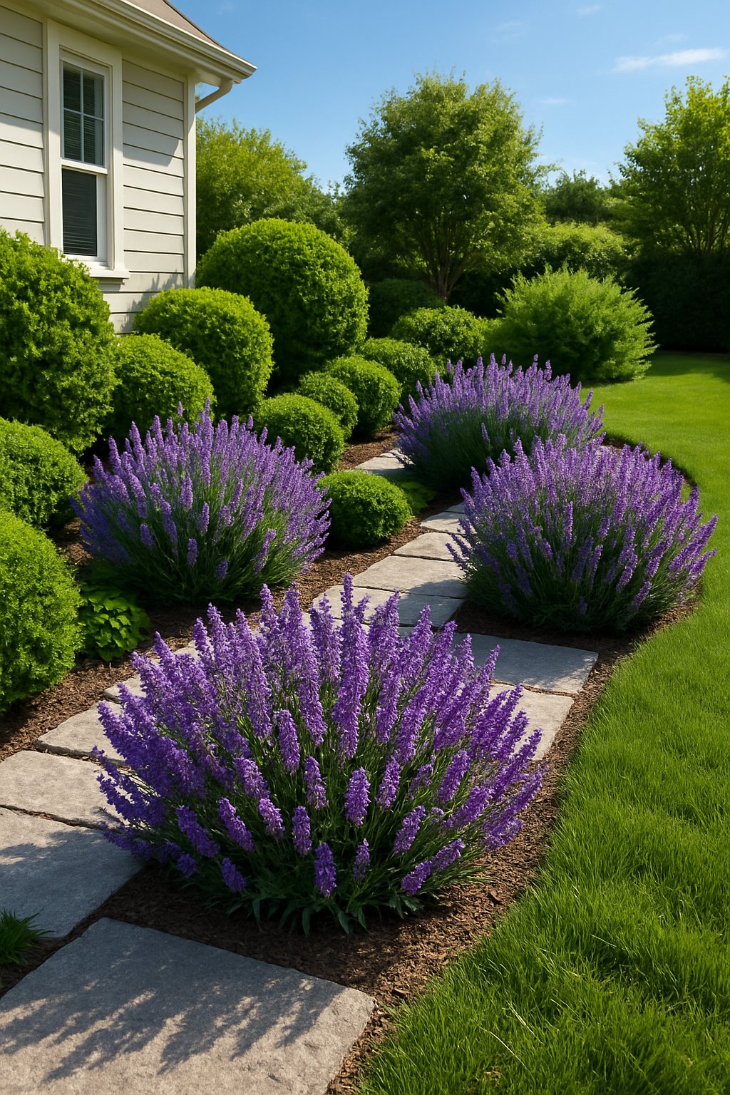 A front yard landscaped with blooming lavender plants, green shrubs, trimmed grass, and stone pathways under a clear blue sky.