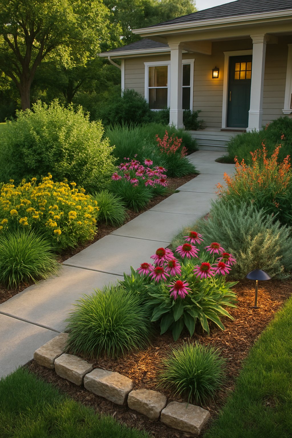 A front yard with a walkway surrounded by native plants, shrubs, grasses, and trees, creating an inviting and well-maintained garden space.
