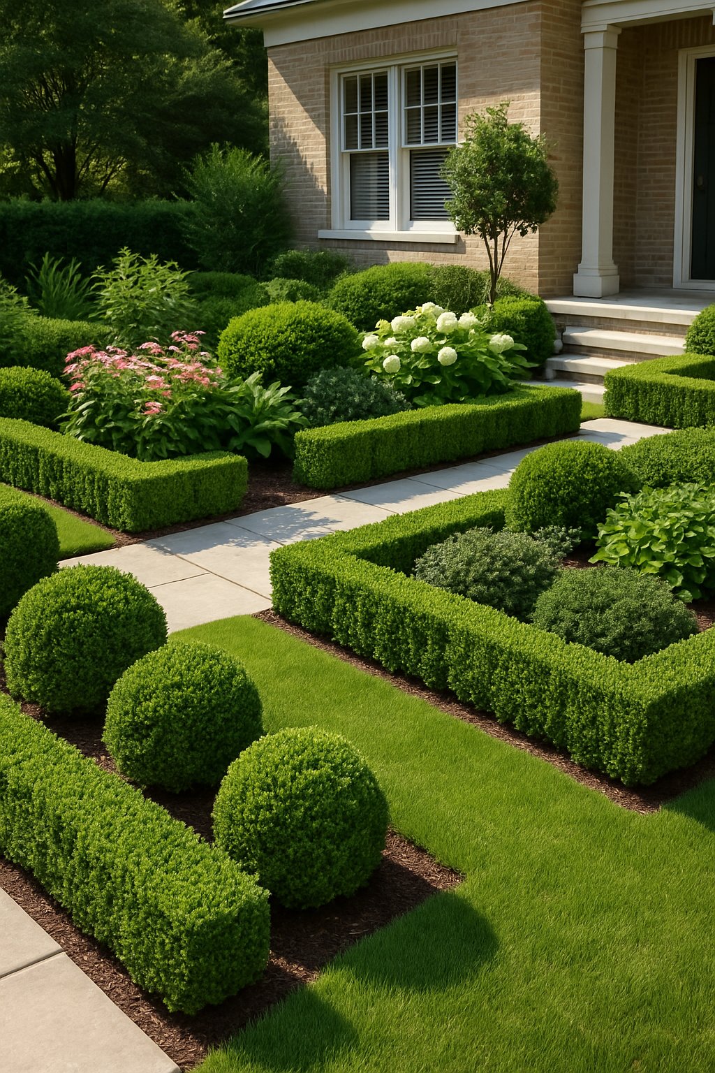 A front yard with neatly trimmed boxwood hedges, green plants, colorful flowers, and a manicured lawn under natural daylight.