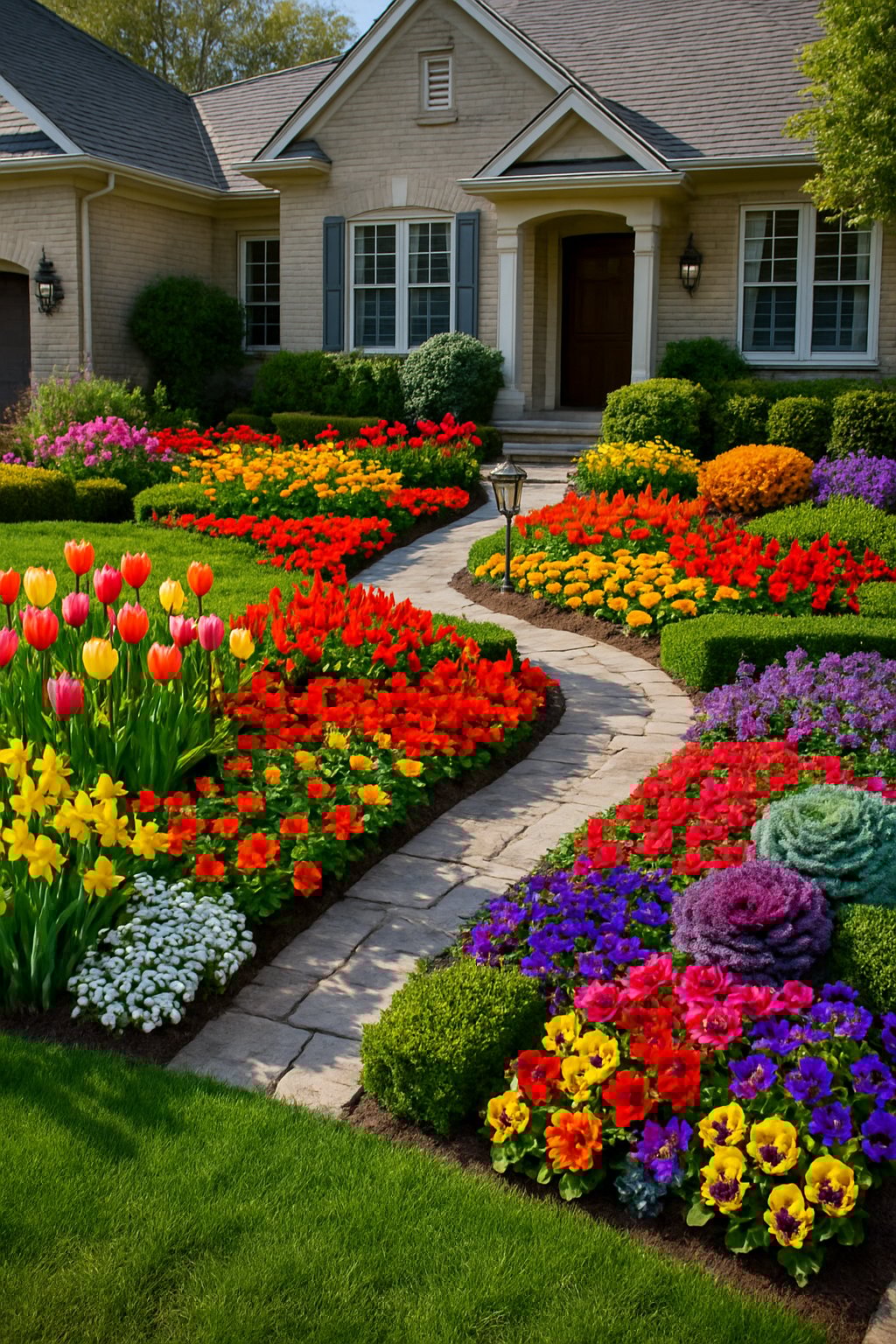A front yard garden with colorful flower beds featuring a variety of seasonal annual plants arranged along stone pathways and green lawns.