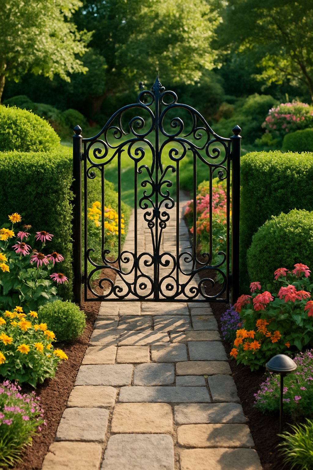 A front yard with a wrought iron garden gate surrounded by green shrubs, colorful flowers, and a stone pathway leading through the gate.