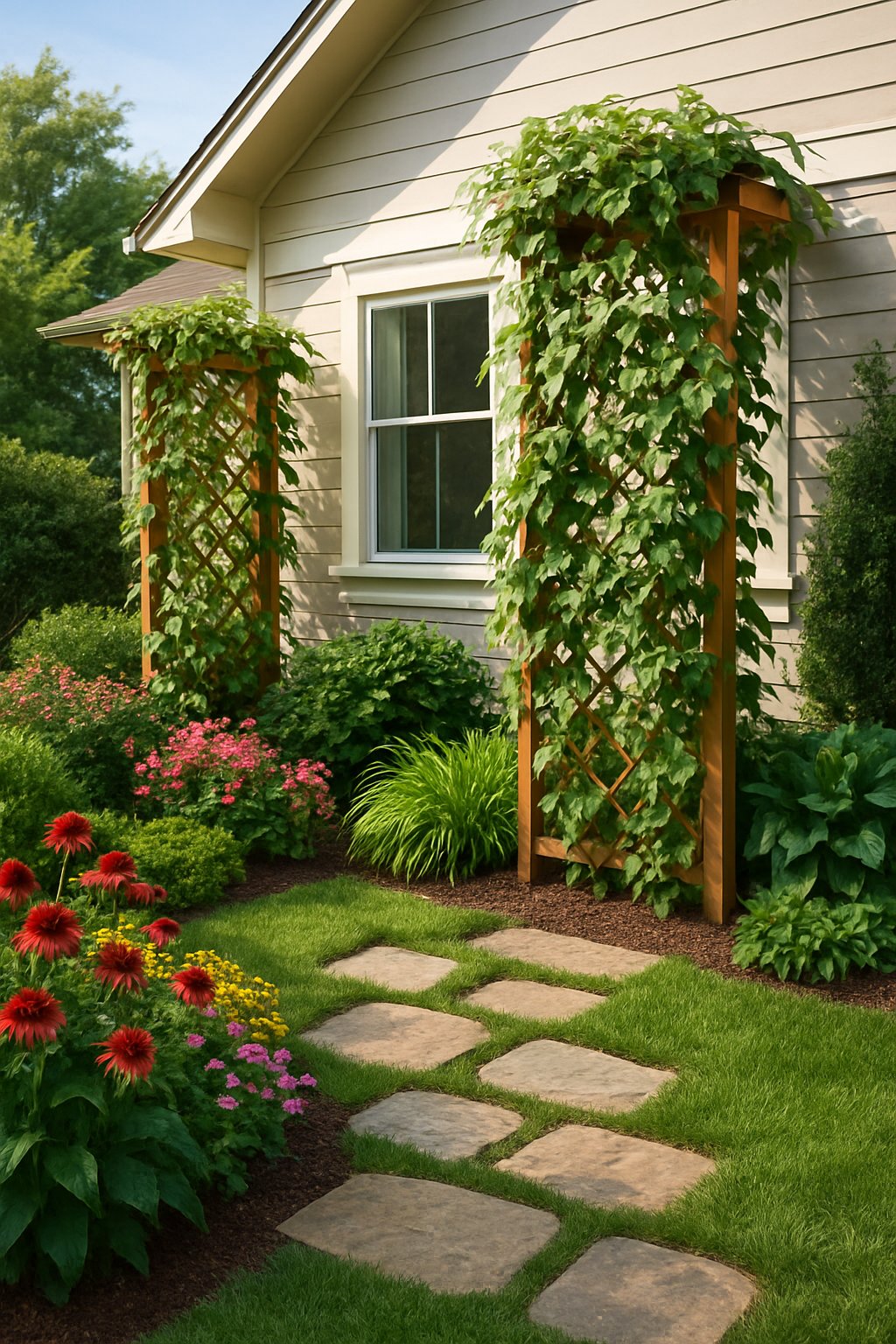 A front yard with climbing vines growing on wooden trellises surrounded by green plants, colorful flowers, and stone pathways.