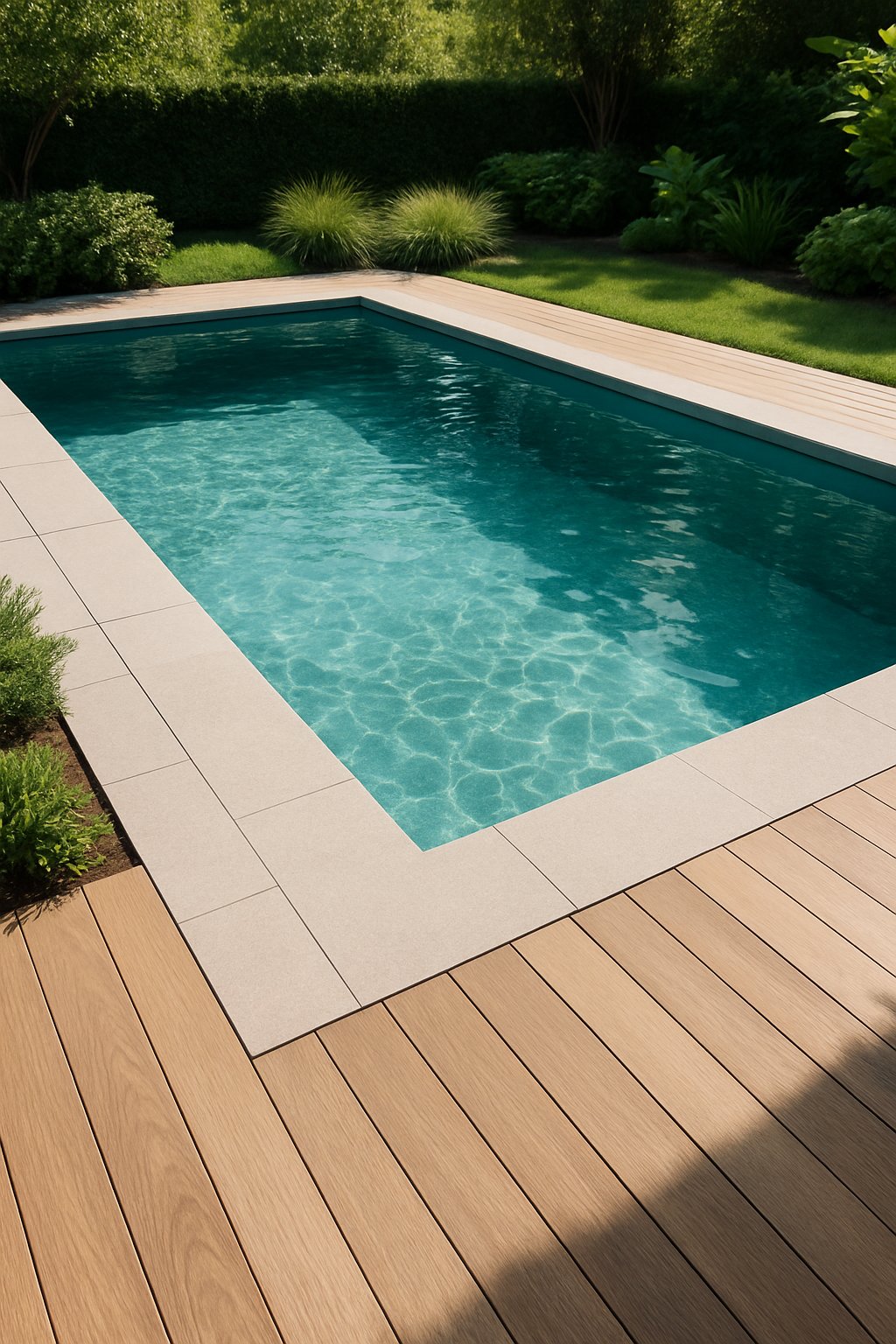 A sunken above-ground swimming pool with a deck flush to the pool rim, surrounded by greenery and a clear blue sky.