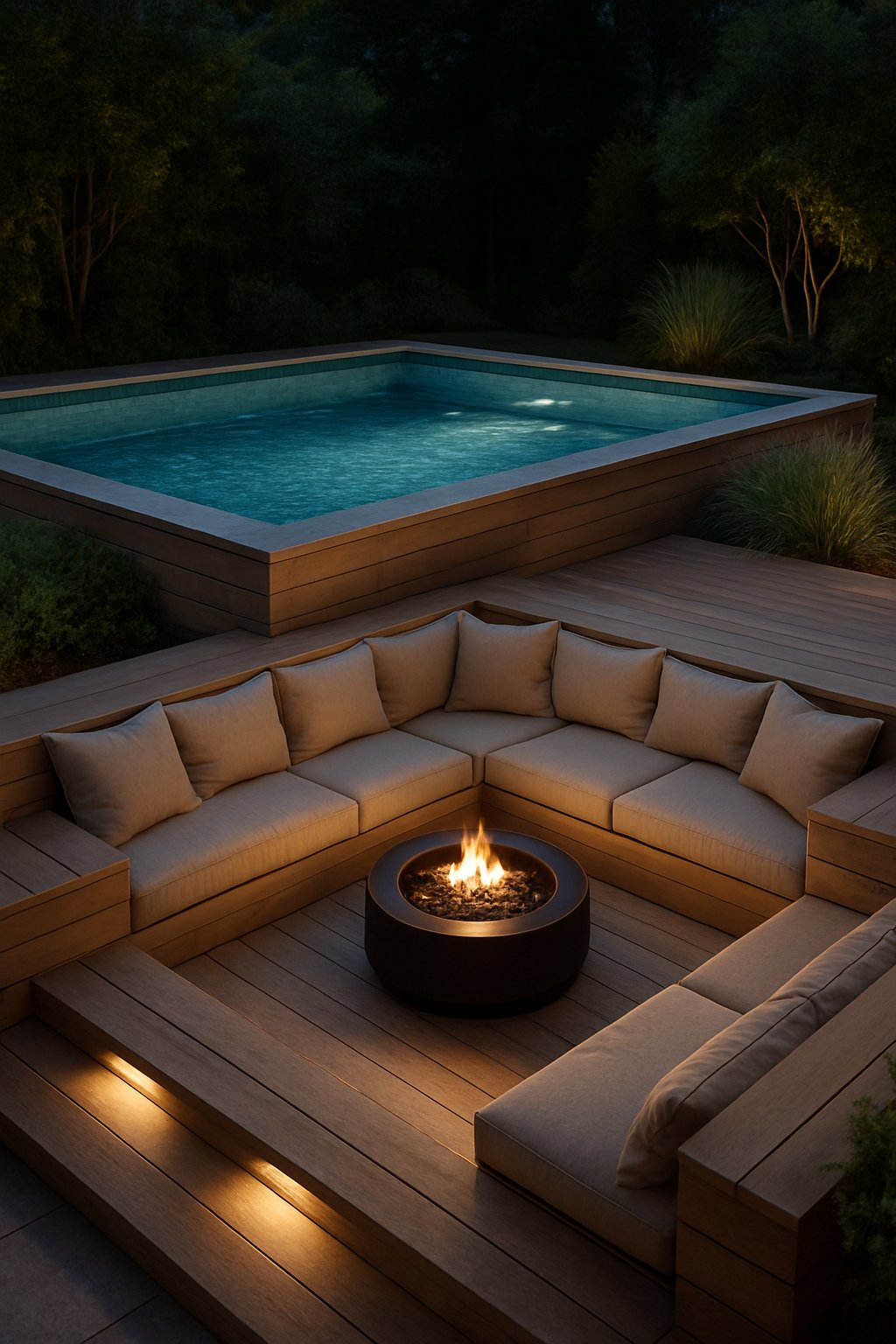 A sunken seating area integrated into a pool deck around an above-ground swimming pool, featuring cushioned benches and a central fire pit, surrounded by greenery.