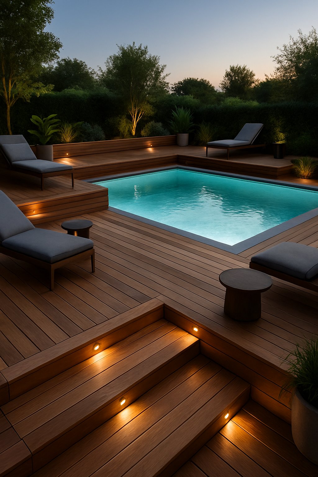 A multi-level wooden deck surrounding a sunken above-ground pool with clear water and outdoor furniture in a peaceful outdoor setting.