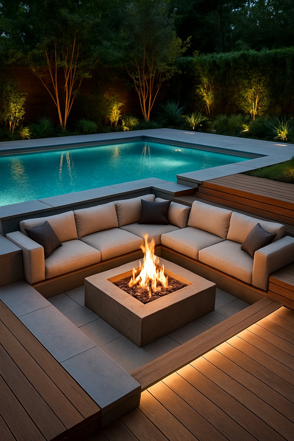 A sunken pool deck with a built-in fire pit surrounded by outdoor seating and greenery.