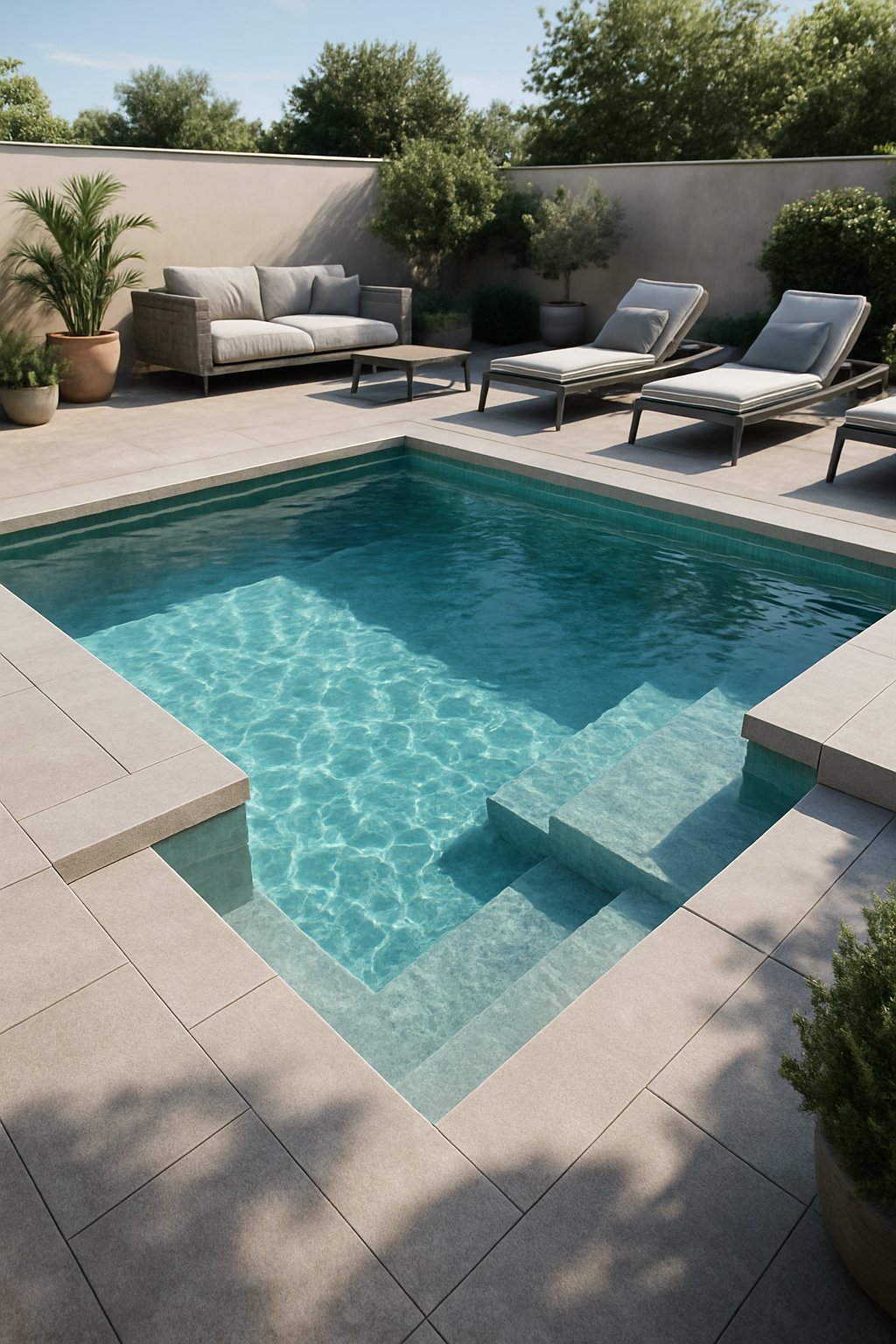 An L-shaped sunken pool with a lounging terrace featuring sun loungers and plants under bright daylight.
