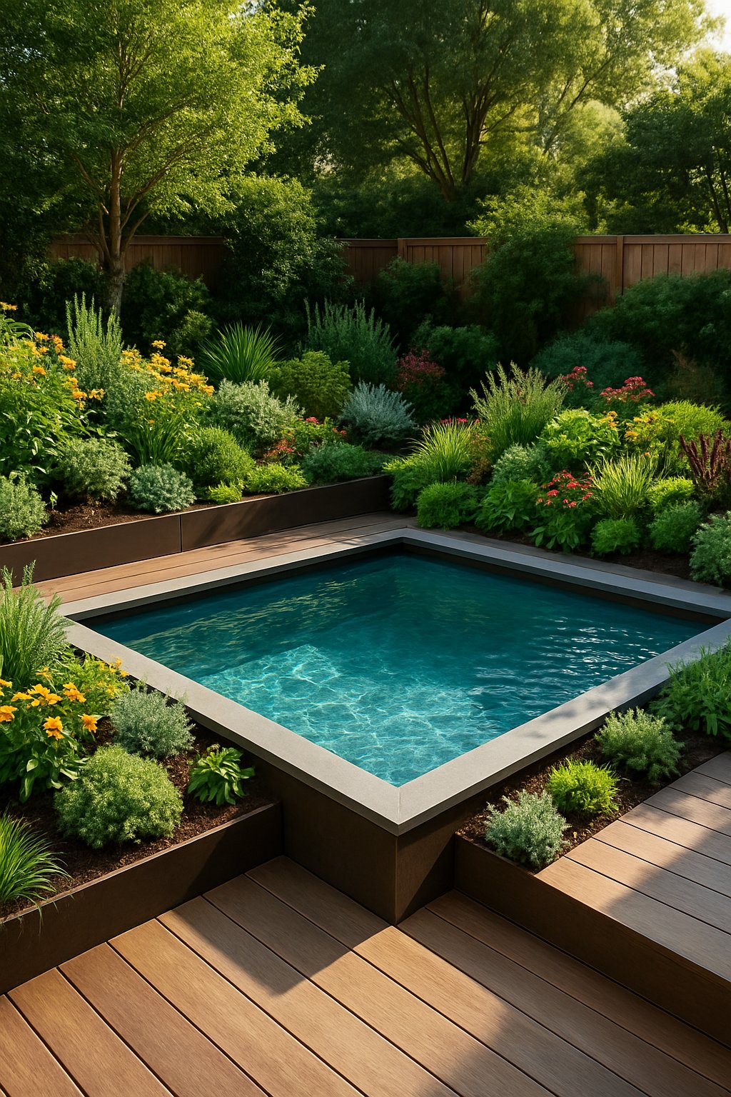 A sunken above-ground pool bordered by raised garden beds filled with green plants and flowers in a backyard setting.