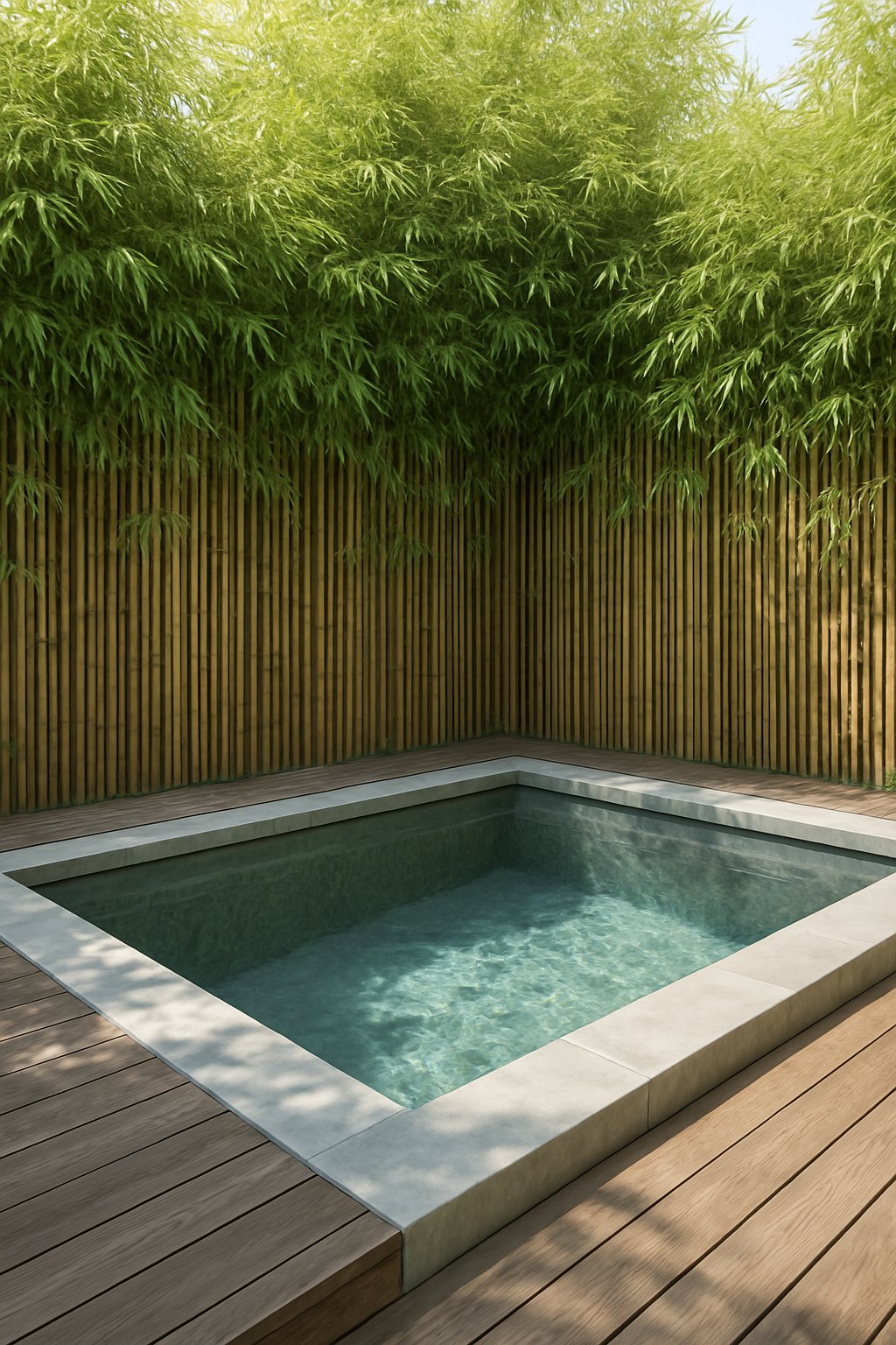 A sunken pool surrounded by a tall bamboo privacy screen with clear water and natural stone decking.