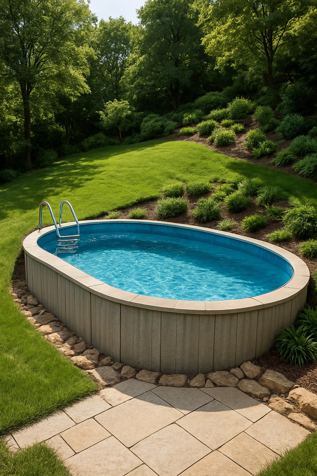 A sunken above-ground swimming pool set into a sloped backyard surrounded by grass, plants, and natural stone.