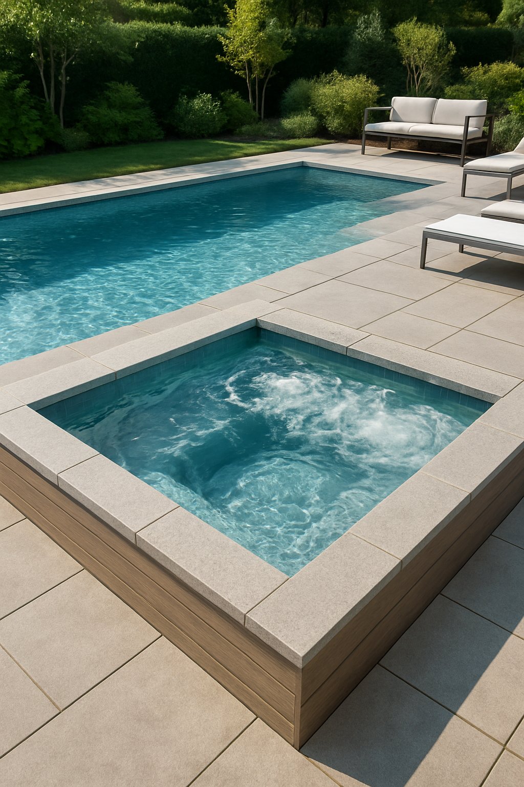 A sunken hot tub integrated next to a 25-foot above-ground pool in a modern backyard setting with clear water and surrounding patio furniture.