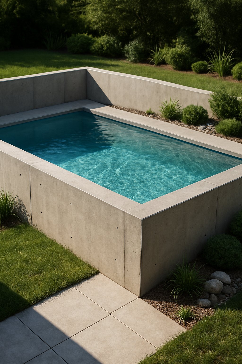A sunken above-ground rectangular pool surrounded by a smooth concrete retaining wall with green grass and small shrubs around it.