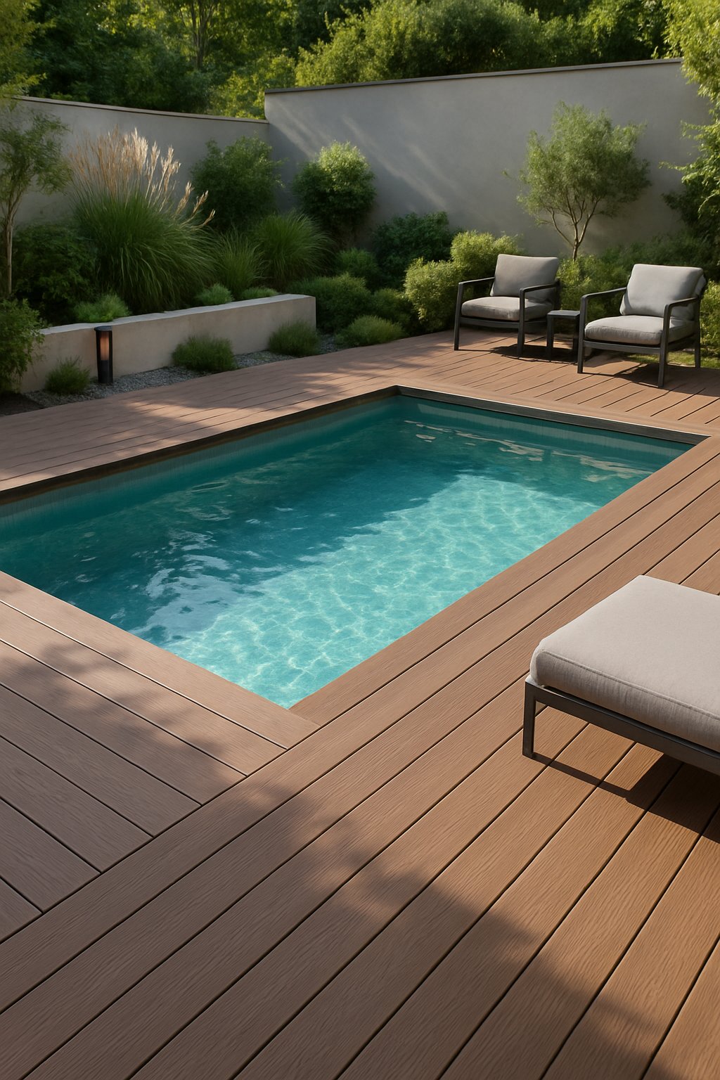 A sunken above-ground pool surrounded by composite decking in a modern outdoor setting with greenery and poolside seating.