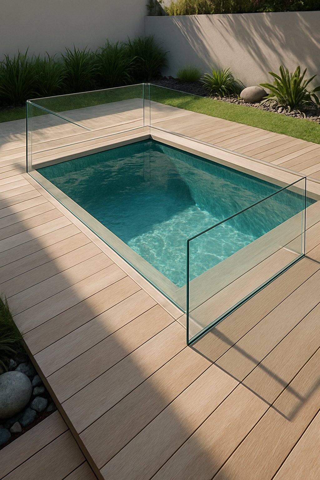 A sunken above-ground swimming pool with clear glass fencing around its edge, surrounded by a wooden deck and green plants.