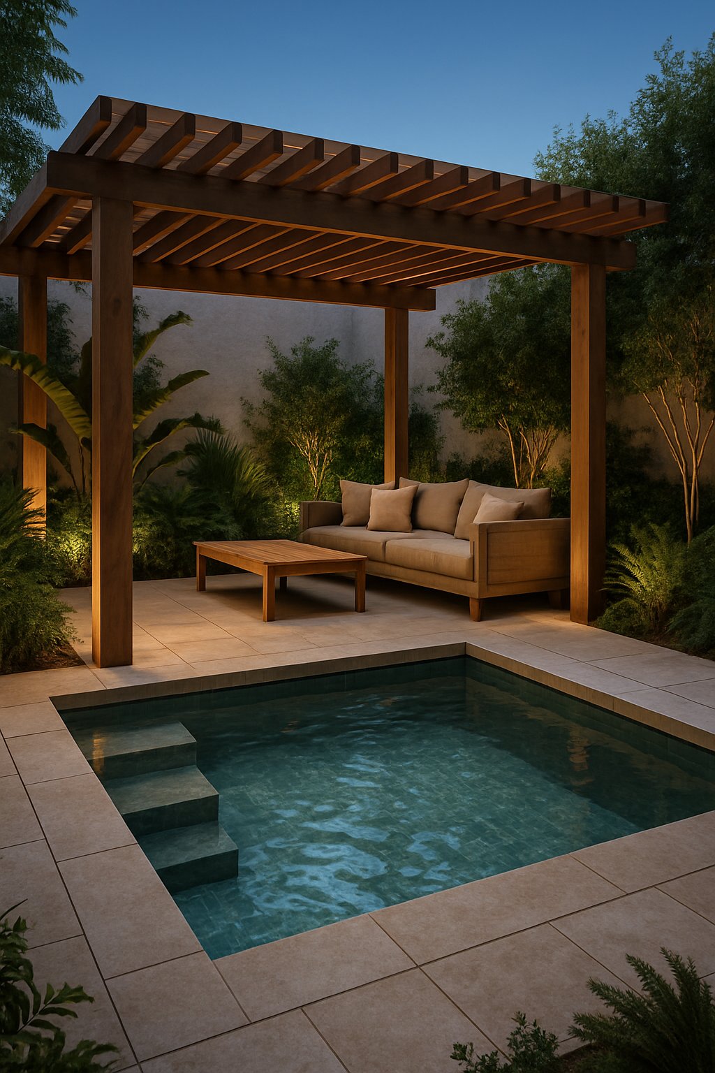 A backyard courtyard with a sunken pool surrounded by stone tiles and greenery, featuring a wooden pergola shading a seating area next to the pool.