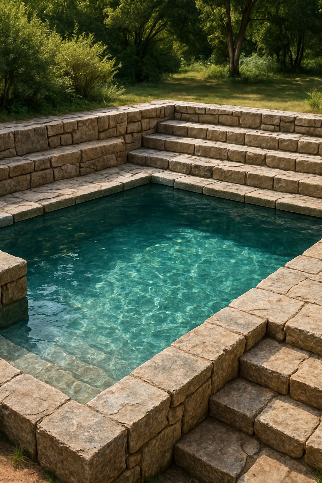 A partially buried swimming pool with terraced stone steps and clear water surrounded by greenery.