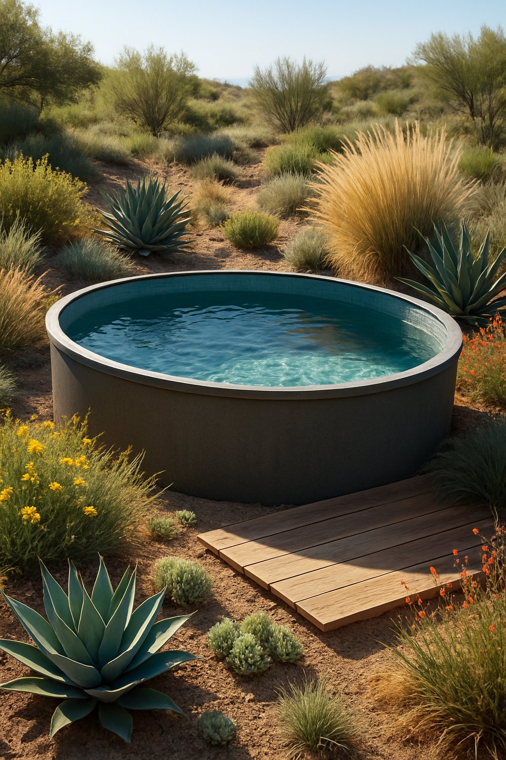 A sunken above-ground pool surrounded by drought-tolerant native plants and natural stone decking in a backyard setting.