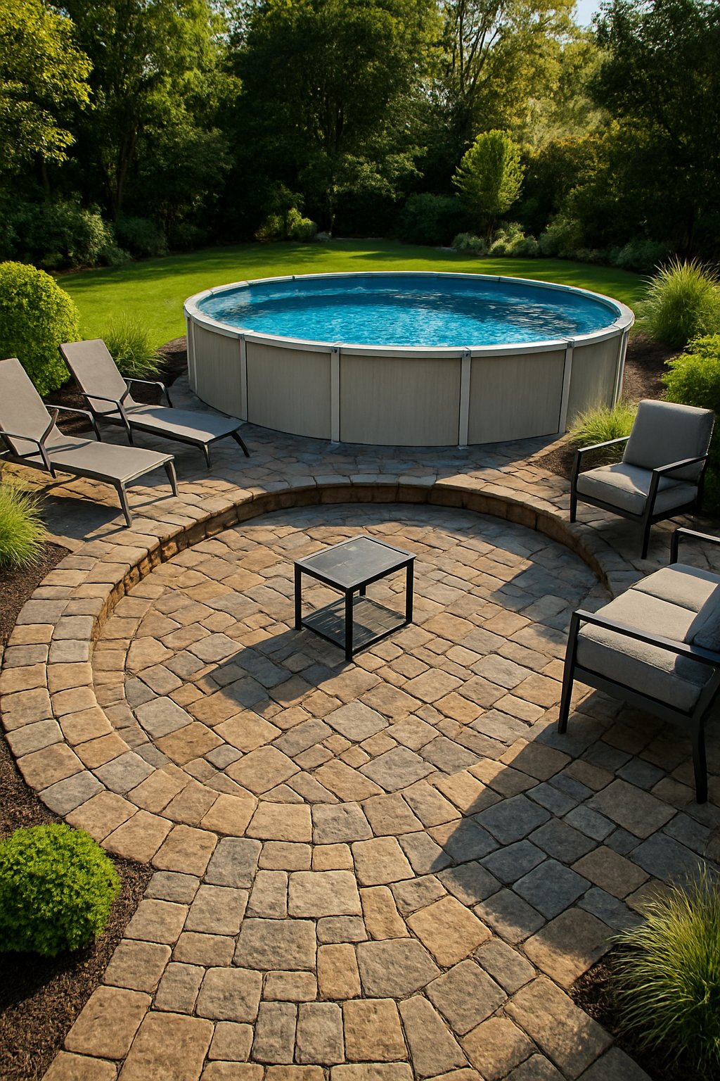 A sunken paver patio surrounding a large above ground pool with outdoor furniture and greenery.