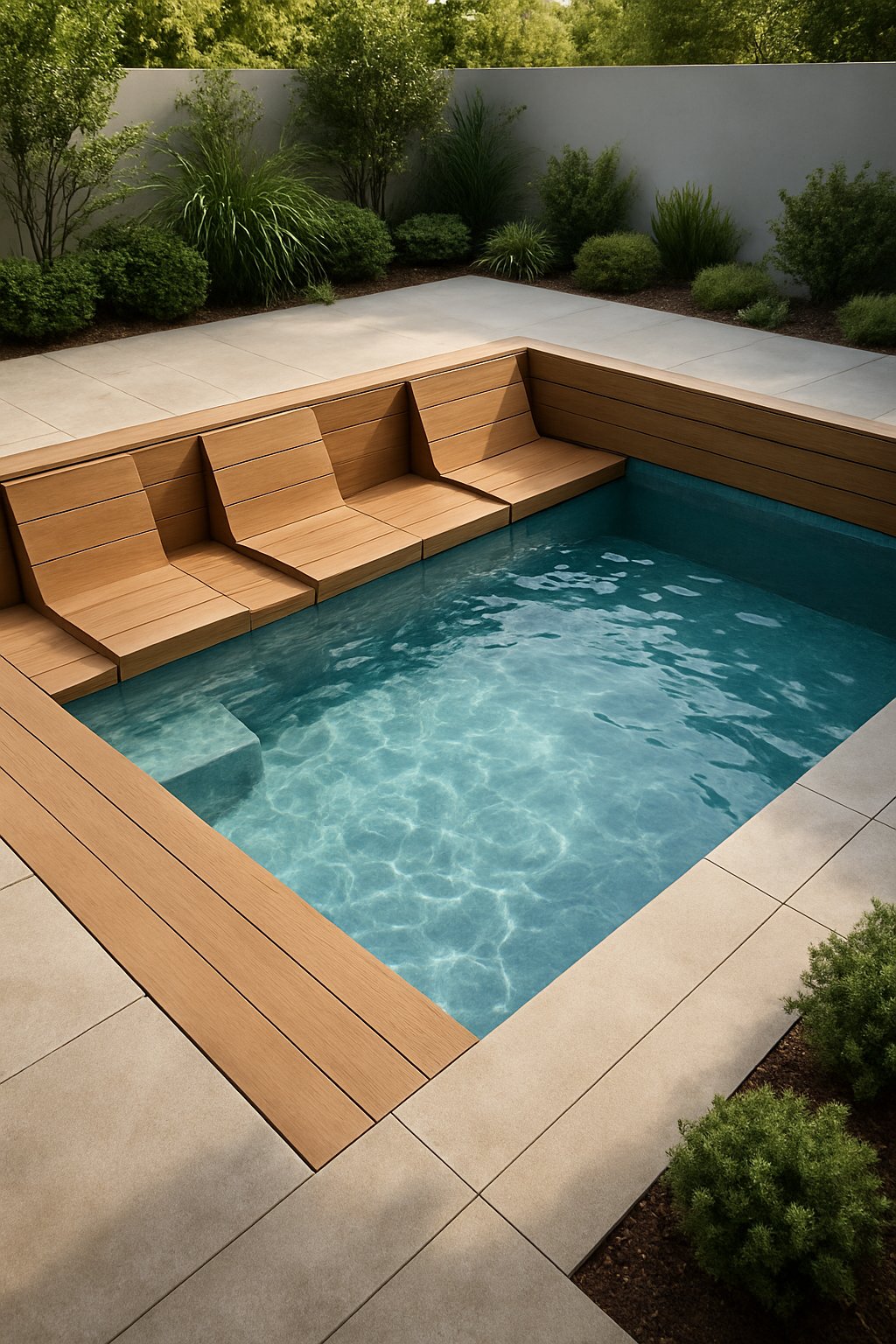 A sunken above-ground swimming pool with built-in bench seating inside the deck surrounded by a modern patio and greenery.