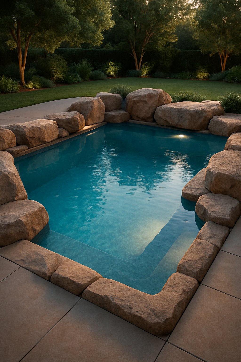 A sunken swimming pool surrounded by natural boulders with clear water and greenery in the background.