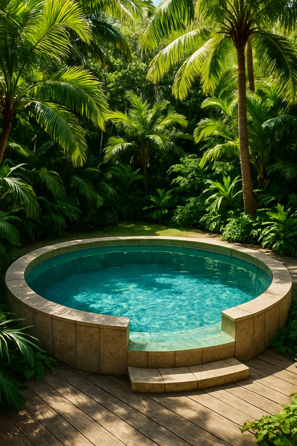A sunken above-ground swimming pool surrounded by tropical palm trees and lush plants.