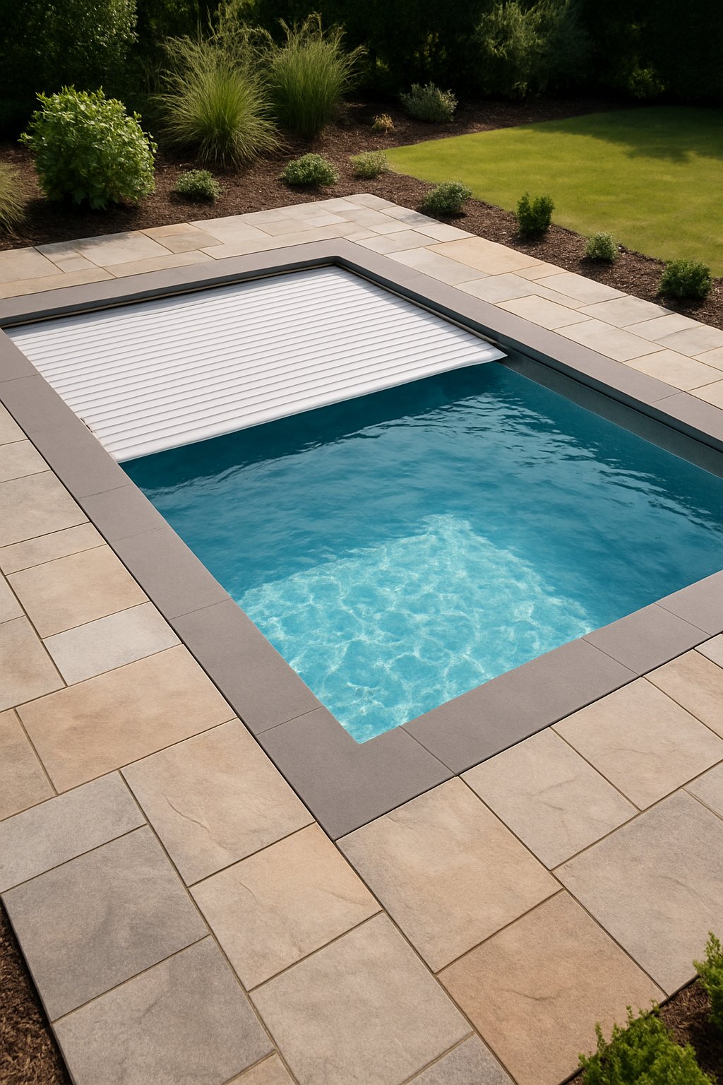 A sunken swimming pool with a retractable safety cover partially extended, surrounded by stone decking and greenery in an outdoor setting.