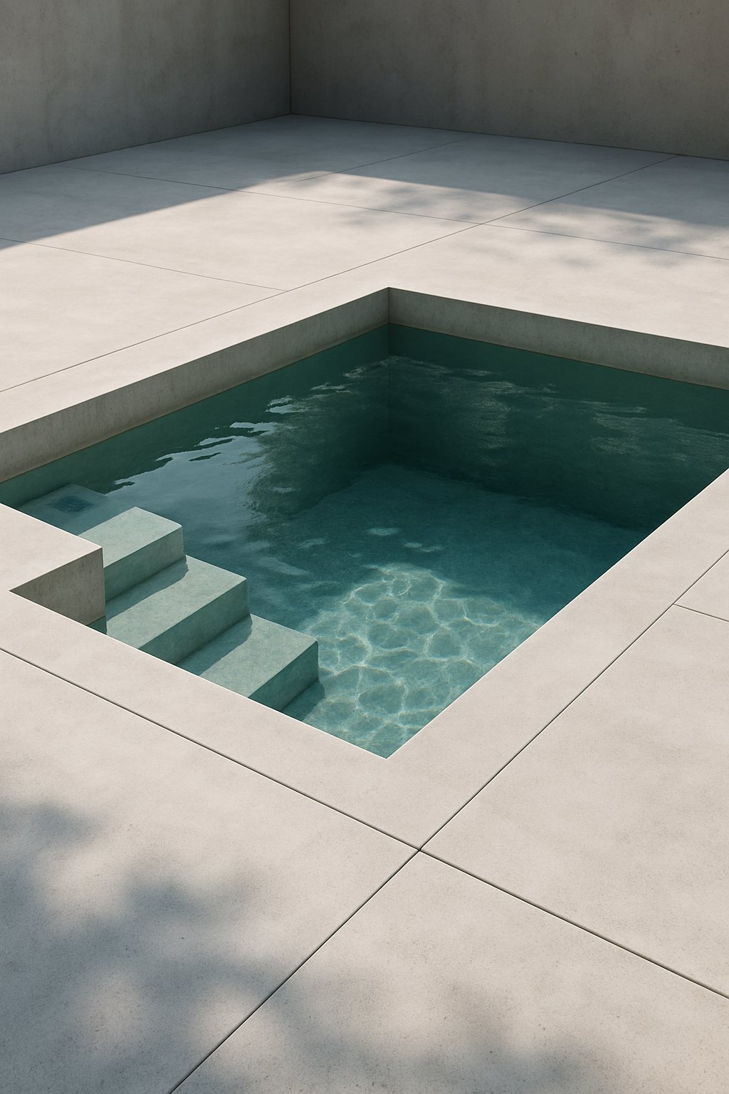 A contemporary sunken pool with a minimalist concrete deck surrounded by clear water and natural outdoor lighting.