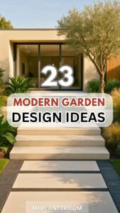 23 Modern Garden Design Ideas to Refresh Your Outdoor Space with Style and Ease The clean, minimalist entrance of a modern home with wide concrete steps. A paved walkway leads to the entrance, flanked by an olive tree and lush ornamental grasses. This landscape is a perfect example of the sleek and simple aesthetic found in modern garden design ideas.