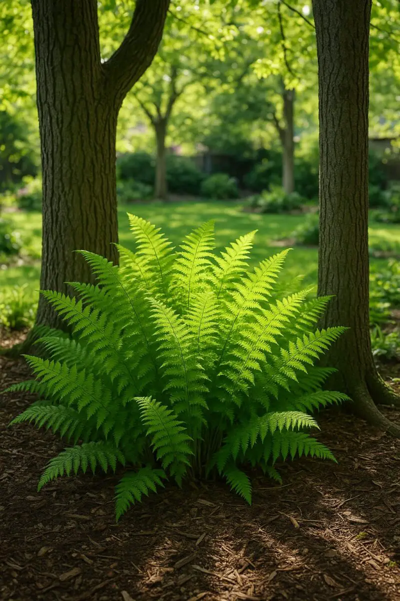 Shade-loving ferns growing under large trees in a home garden with dappled sunlight filtering through the leaves.