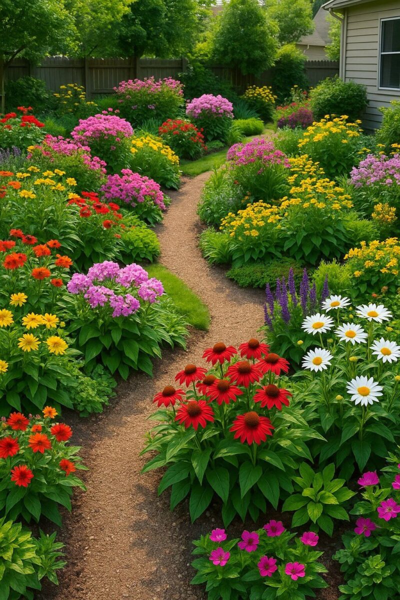 A colorful home garden with a mix of blooming perennial and annual flowers in full bloom, surrounded by green foliage.