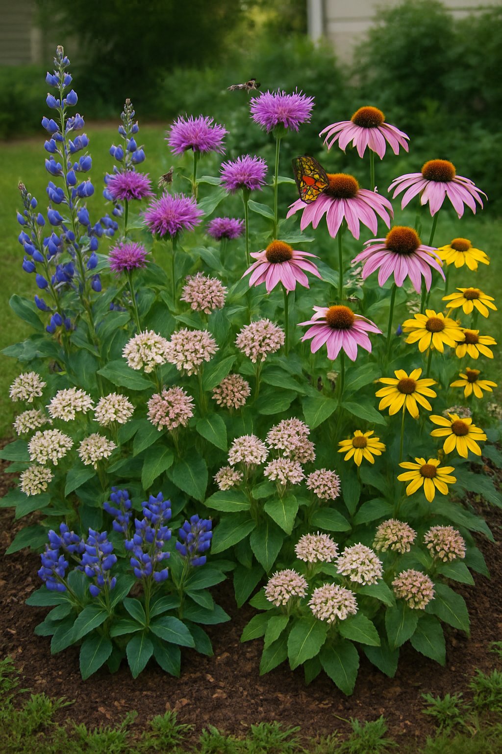 A colorful flower bed filled with native plants including coneflowers, bee balm, black-eyed Susans, milkweed, and wild indigo, attracting bees and butterflies in a home garden.