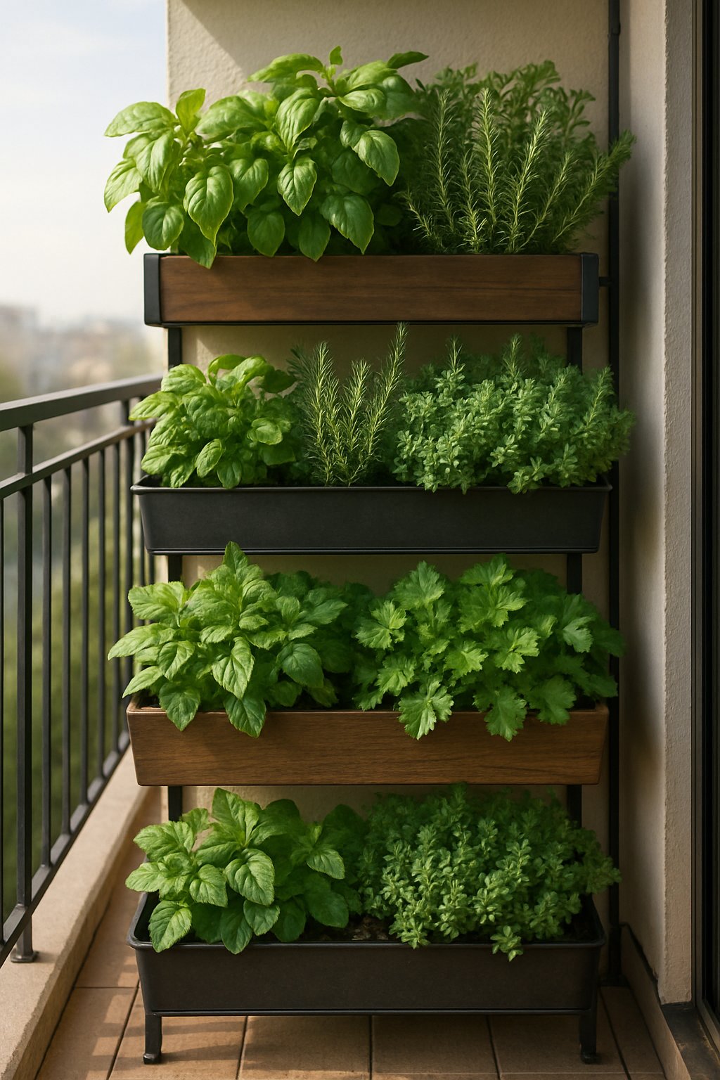 A vertical herb garden on a balcony with multiple tiers of planters filled with various fresh green herbs like basil, rosemary, and mint.