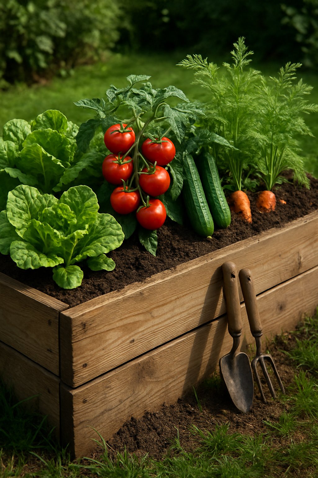 A raised wooden vegetable garden bed filled with various healthy vegetable plants including lettuce, tomatoes, cucumbers, and carrots in a backyard garden.