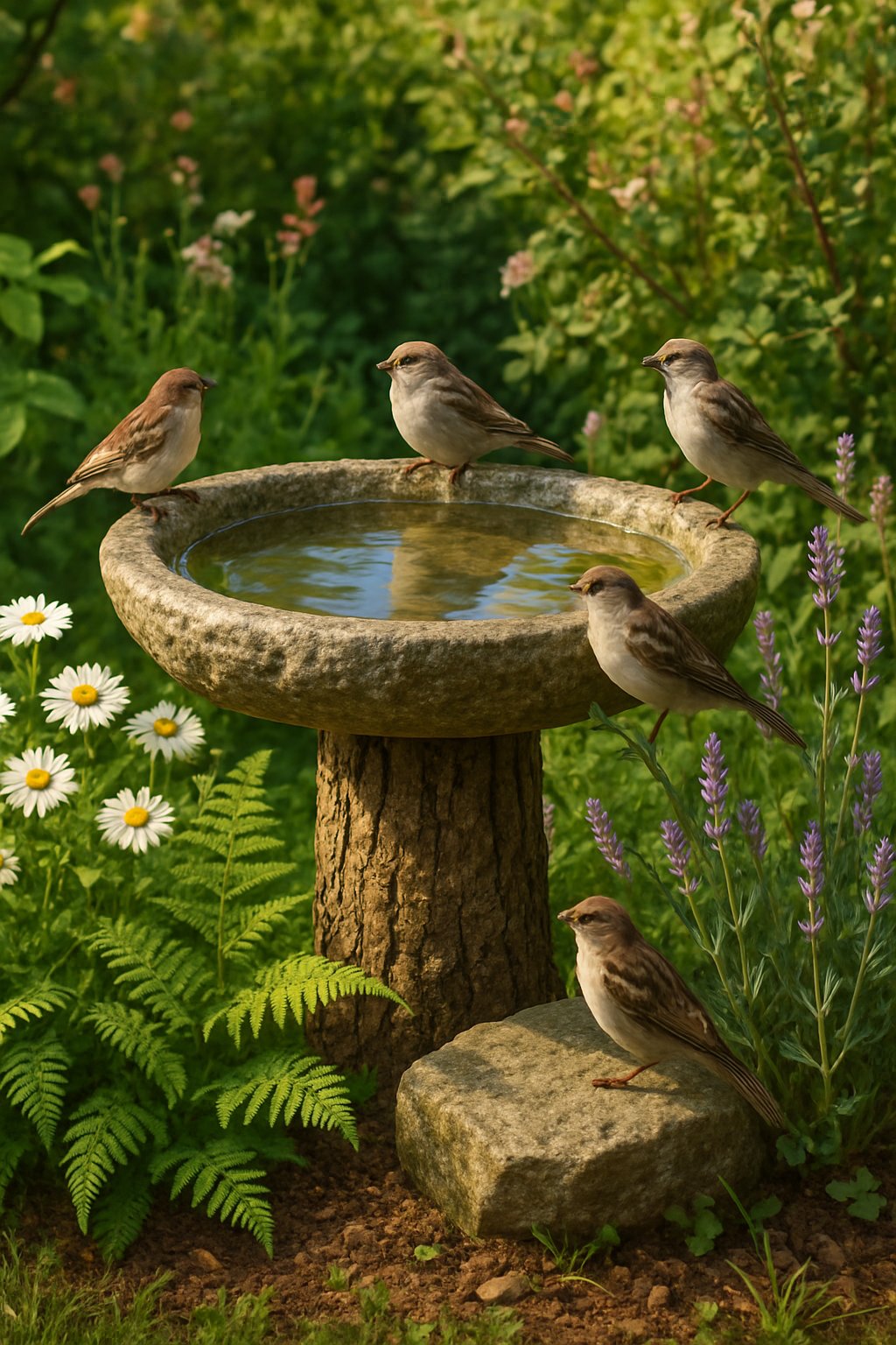 A garden with a DIY stone and wood birdbath surrounded by green plants and blooming flowers, with small birds perched nearby.