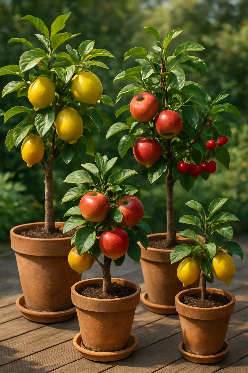 A collection of dwarf fruit trees with ripe fruit growing in pots arranged on a wooden patio in a home garden setting.