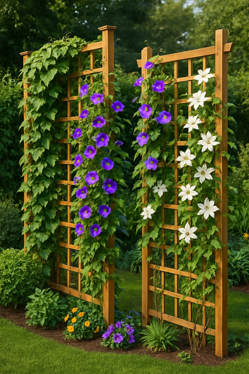 A home garden with wooden trellises supporting climbing plants and flowers, surrounded by grass and other garden plants.